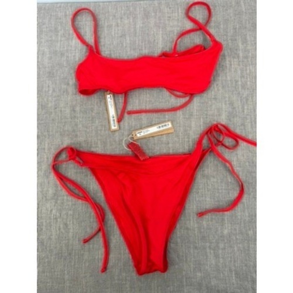 SKIMS Recycled Swim Micro Scoop Top & Dippy Tie Bottom Bikini Set Ruby Red S NWT